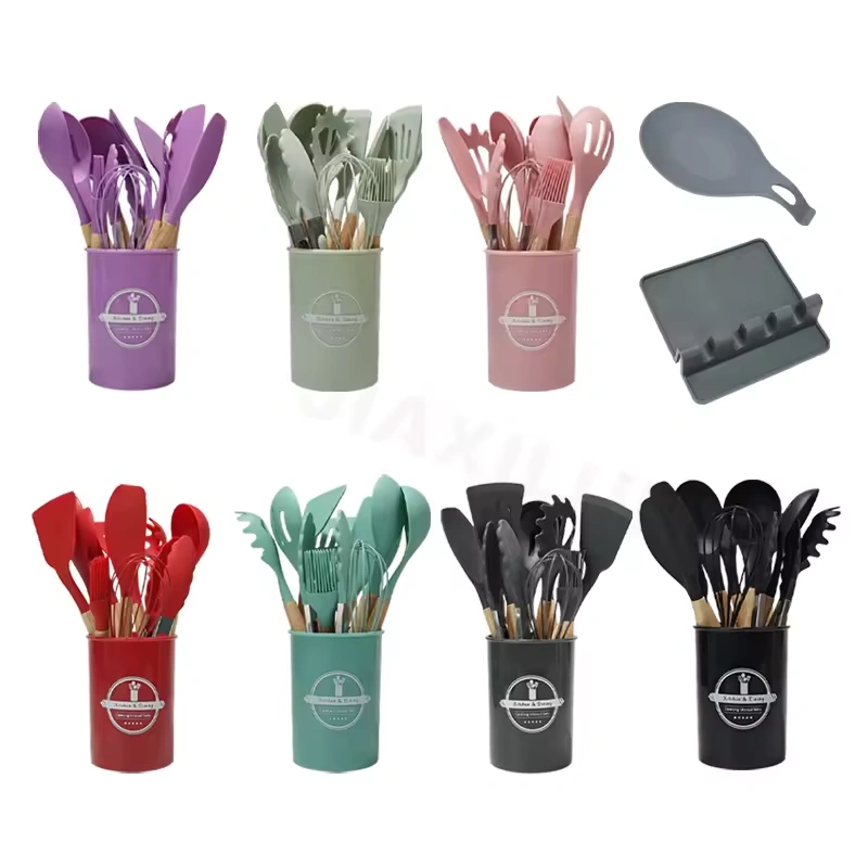 Utensílios de cozinha de silicone e madeira